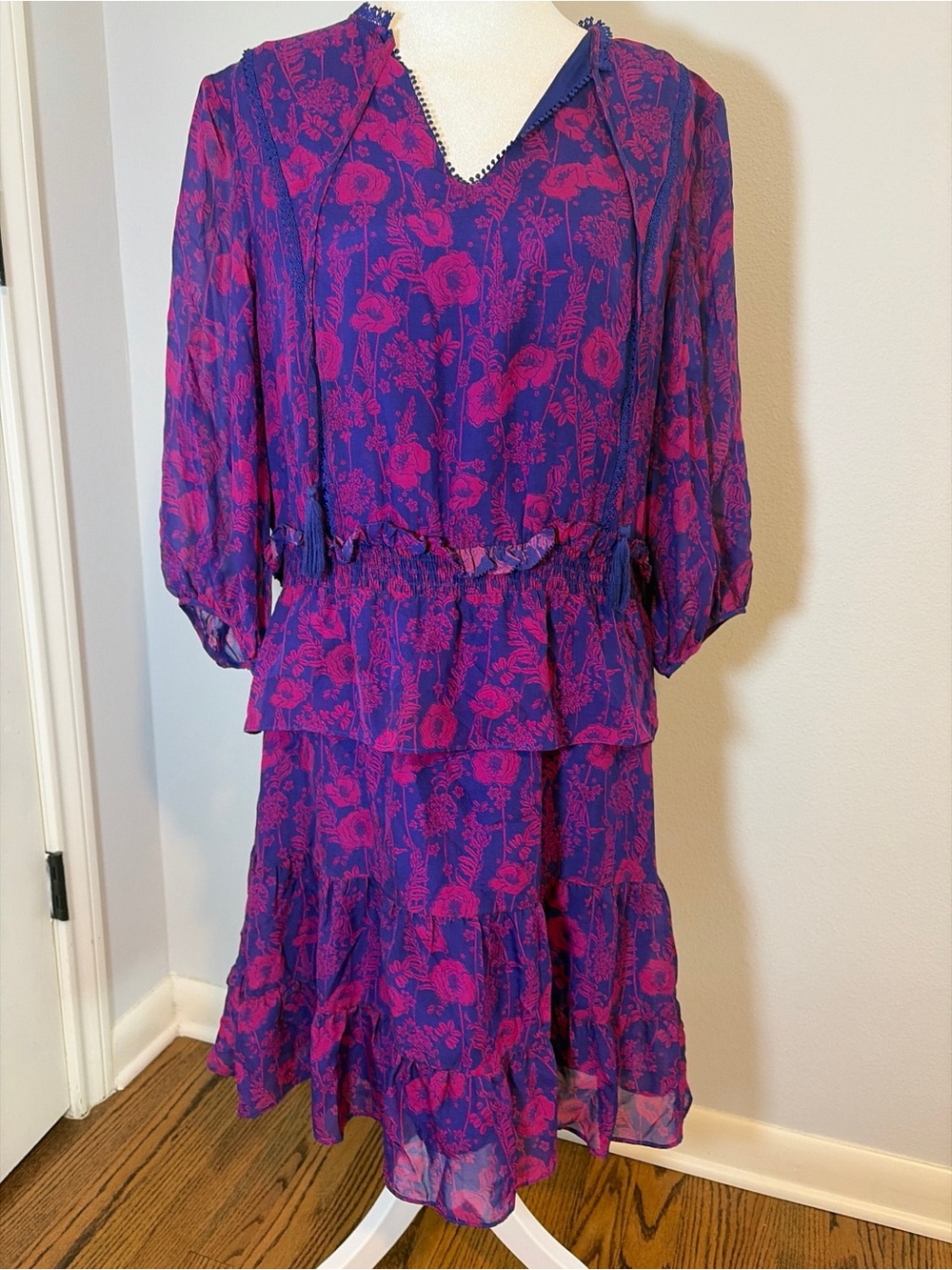 Haute Hippie Silk Dress L Floral Tiered Midi Boho Prarie Smocked Waist Peasant